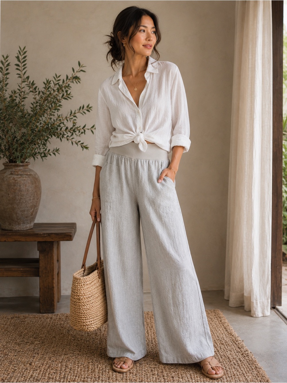 Allen Allen Sand Beige Wide-Leg Linen-Blend Pants w/Pockets Size Large